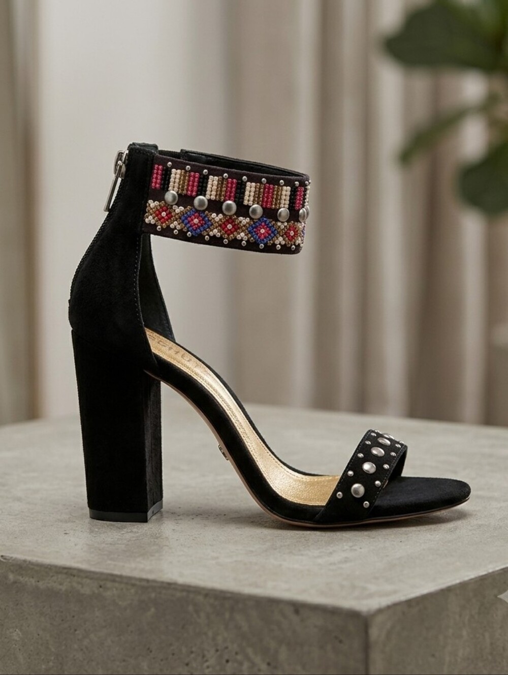 NWOT Schutz 7.5 Suede Ethnic Beaded Studded Open Toe Heels Bohemian Maximalism